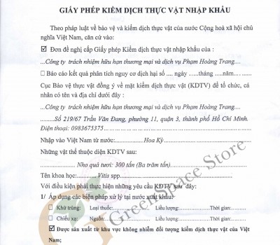 GIẤY PHÉP NHẬP KHẨU NHO MỸ