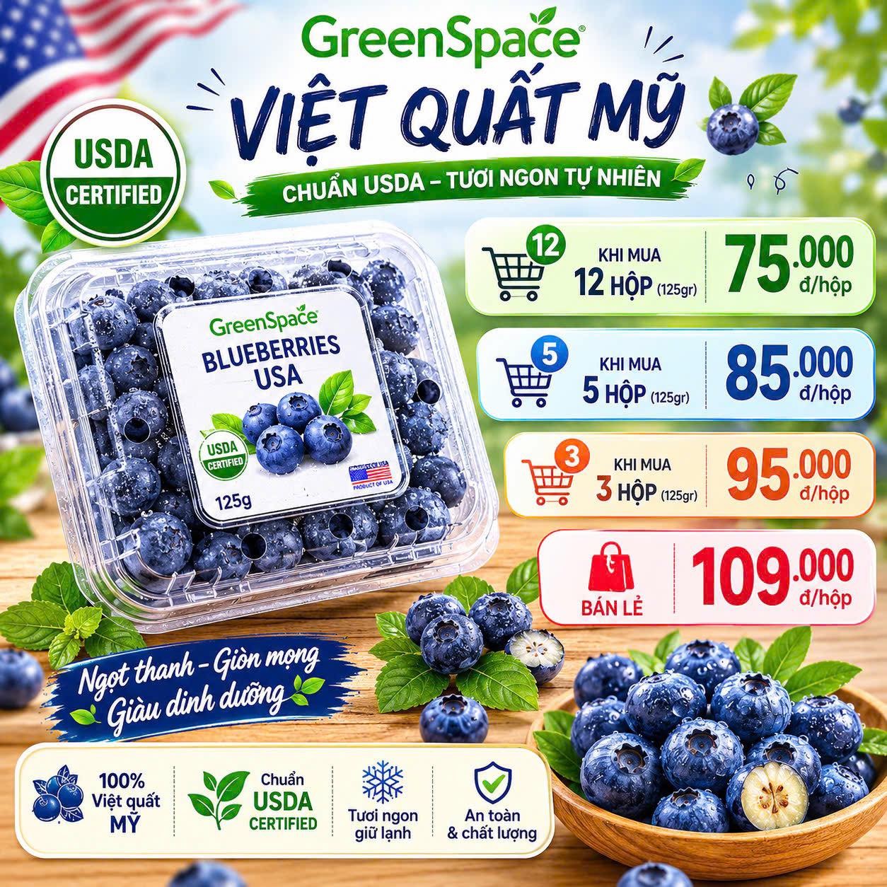 Việt quất Mỹ Premium chuẩn USDA chỉ từ 75k/hộp 125gr